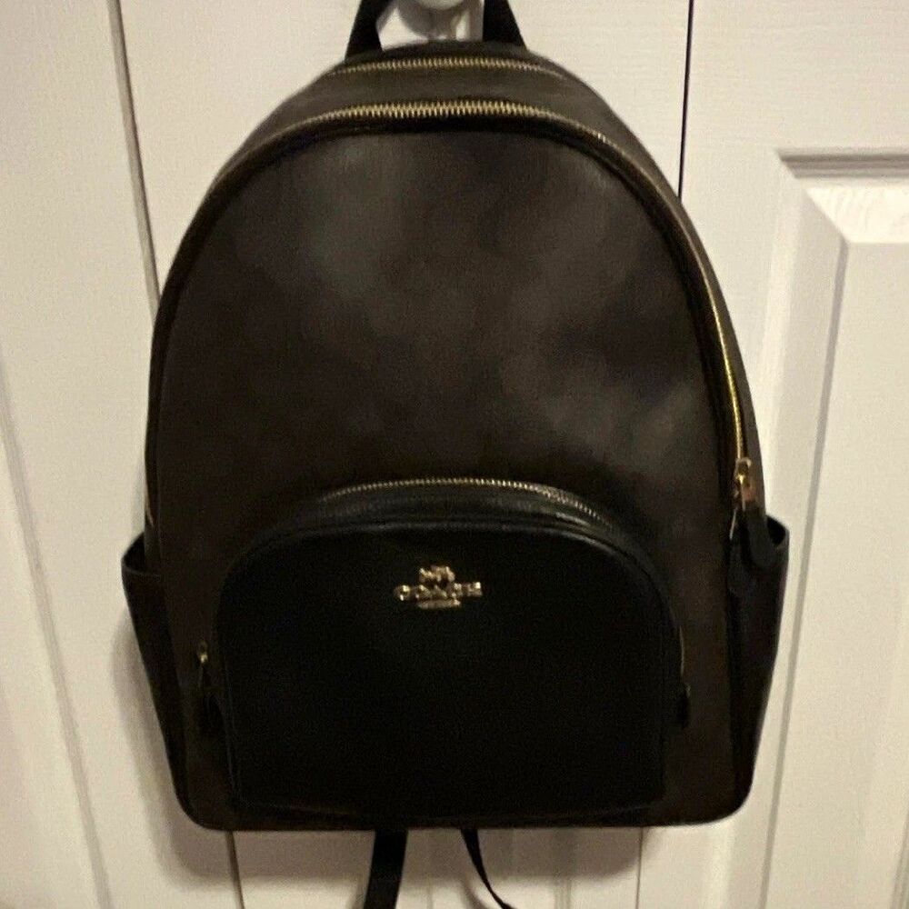 Coach Large Court Backpack Signature Canvas Leather Bookbag Brown Black 6495